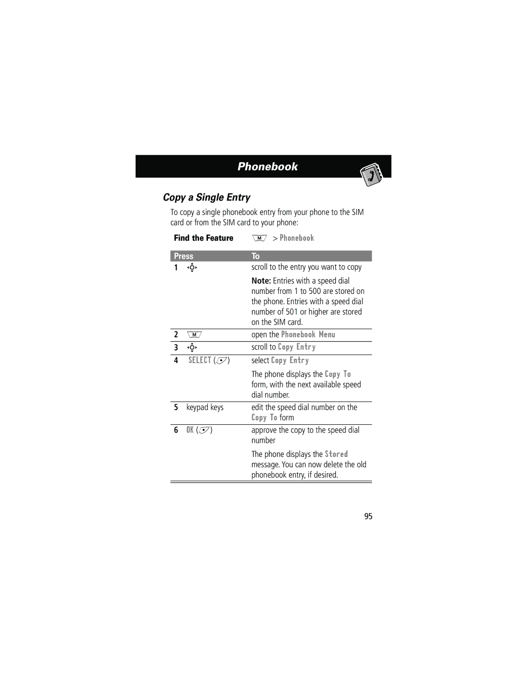 Motorola 280 manual Copy a Single Entry, Select + Select Copy Entry, Copy To form 