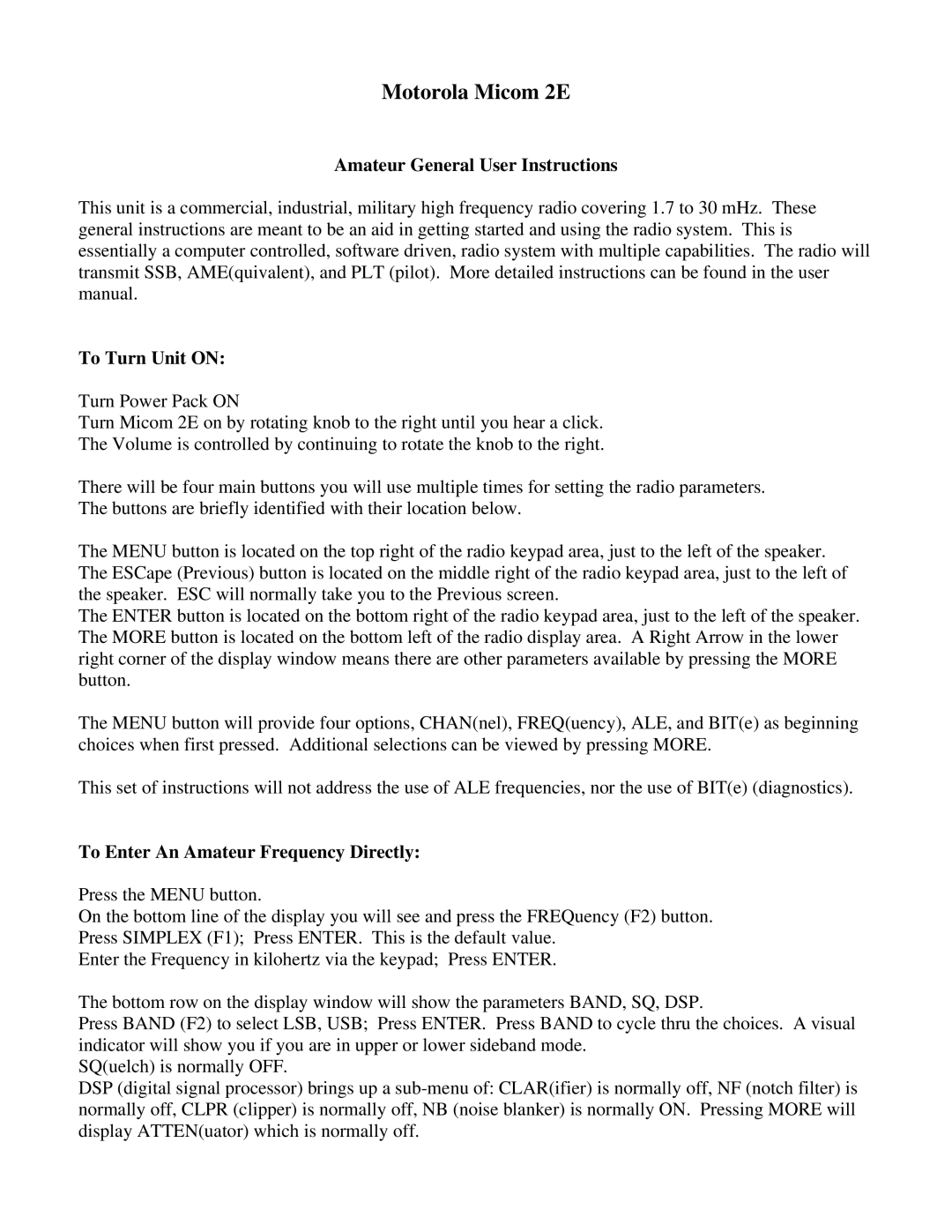 Motorola user manual Motorola Micom 2E, Amateur General User Instructions To Turn Unit on 