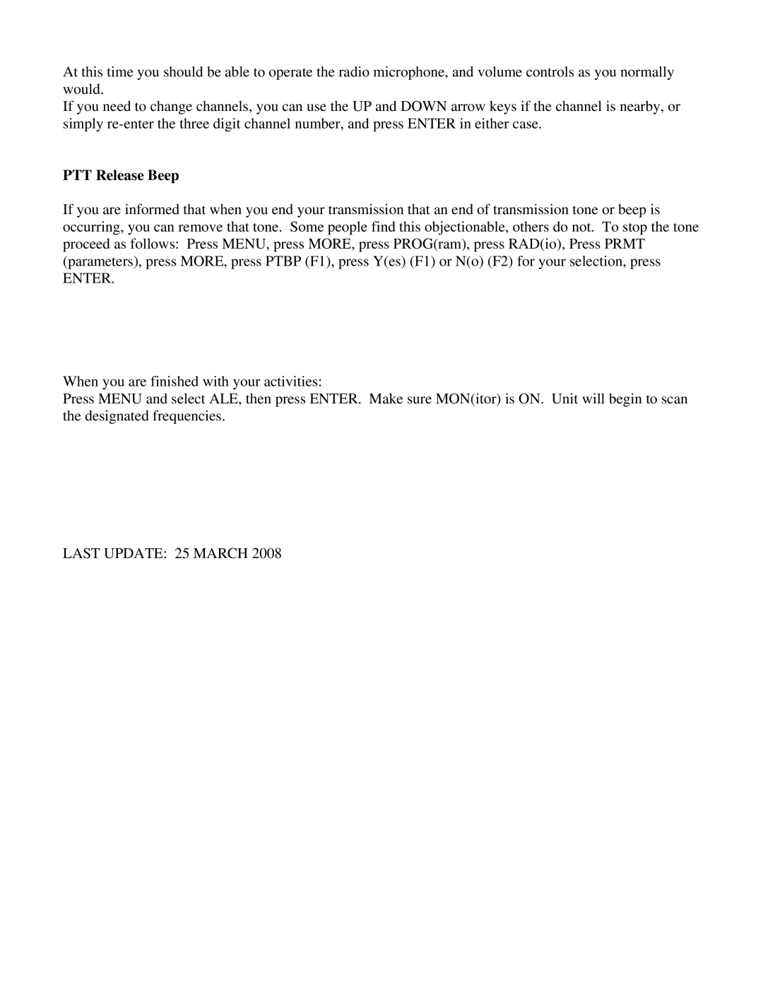 Motorola 2E user manual PTT Release Beep, Enter, Last Update 25 March 