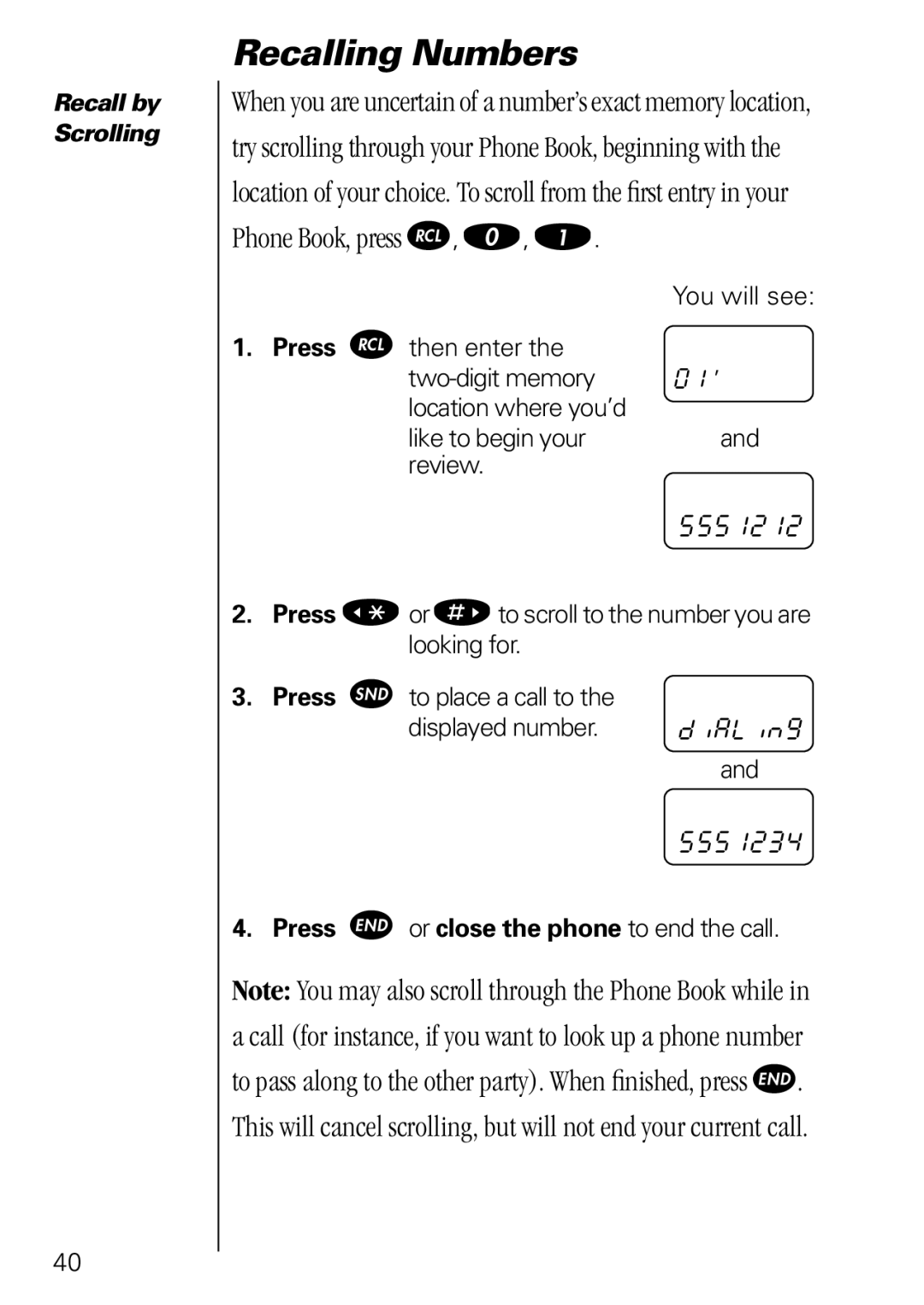 Motorola 3000 specifications Recall by Scrolling 