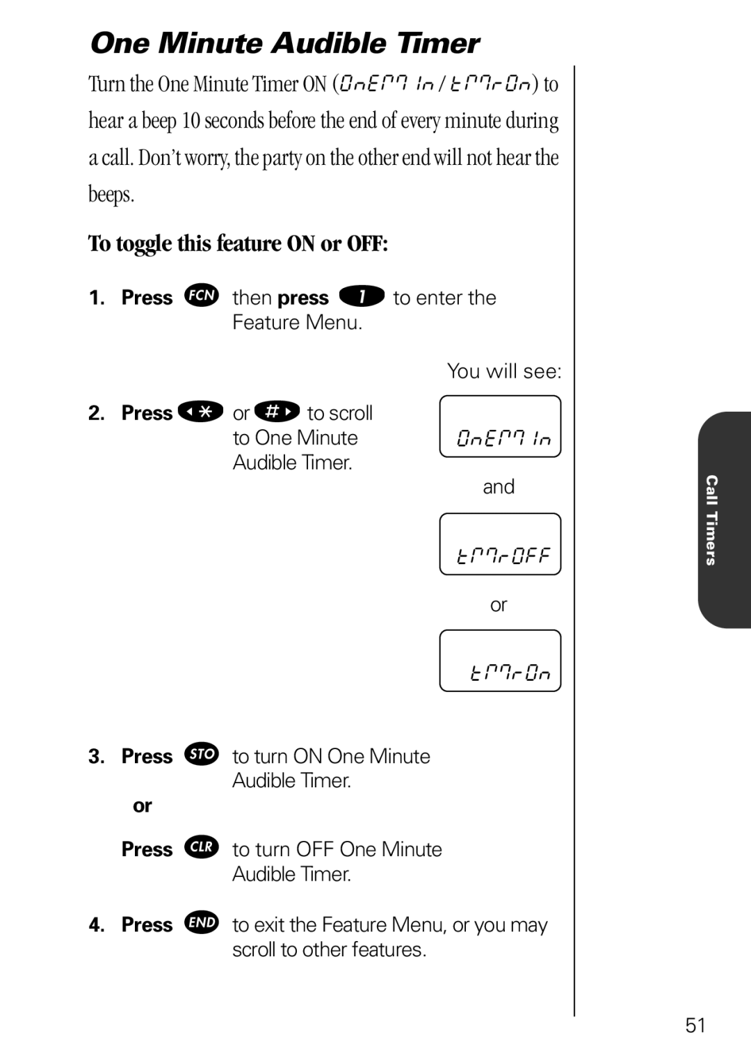 Motorola 3000 specifications One Minute Audible Timer, To toggle this feature on or OFF 