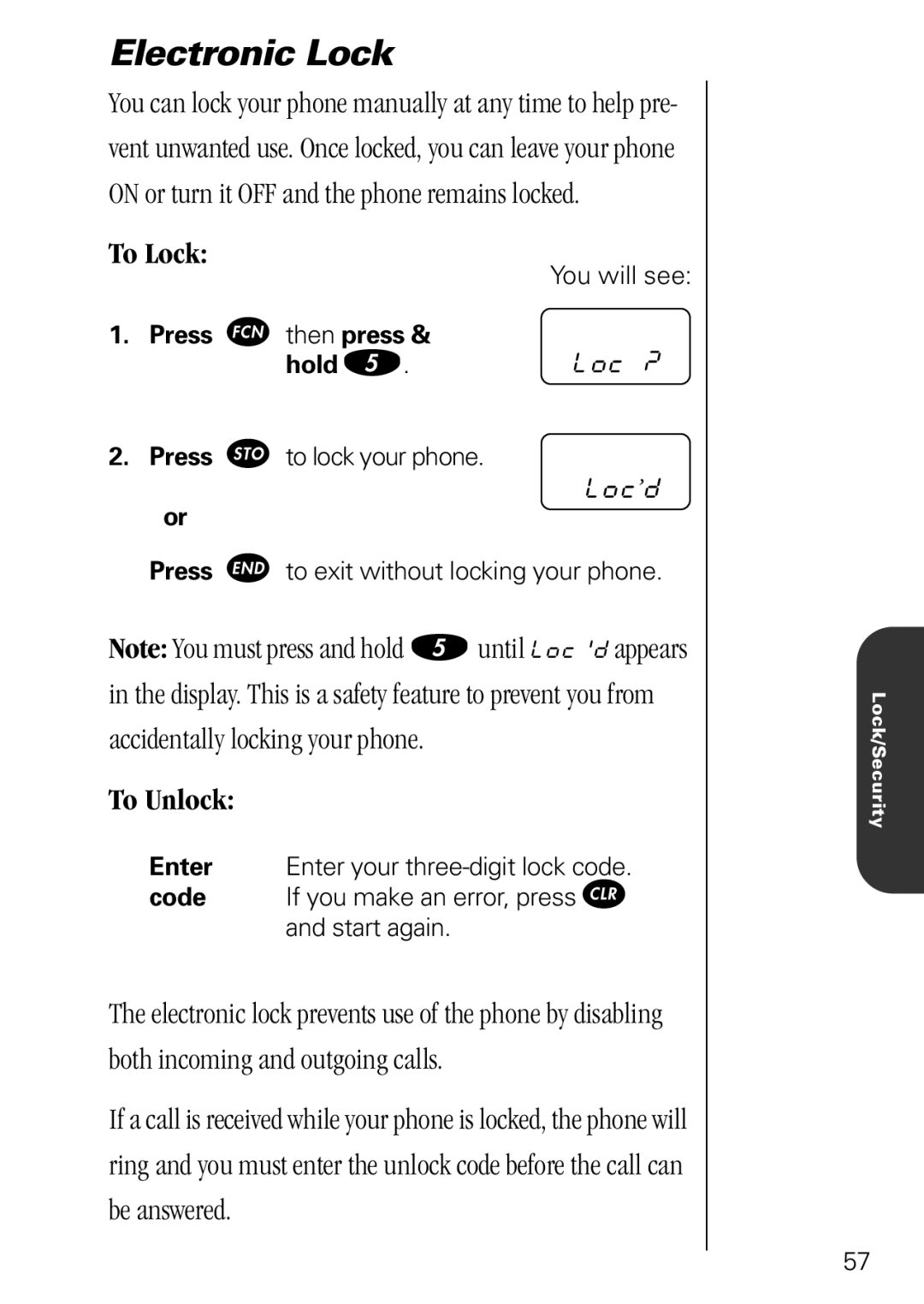 Motorola 3000 specifications Electronic Lock, To Lock, To Unlock, Loco?o, Loc’ do 