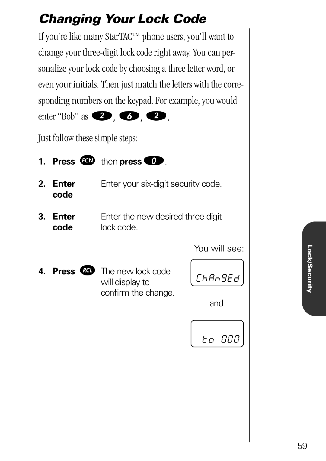 Motorola 3000 specifications Changing Your Lock Code, Just follow these simple steps, ChAngEd, Too000 