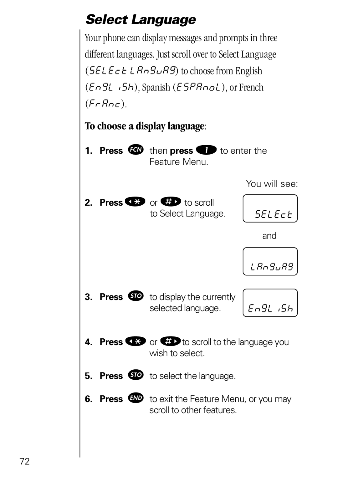 Motorola 3000 specifications Select Language, To choose a display language, EngLiSh 