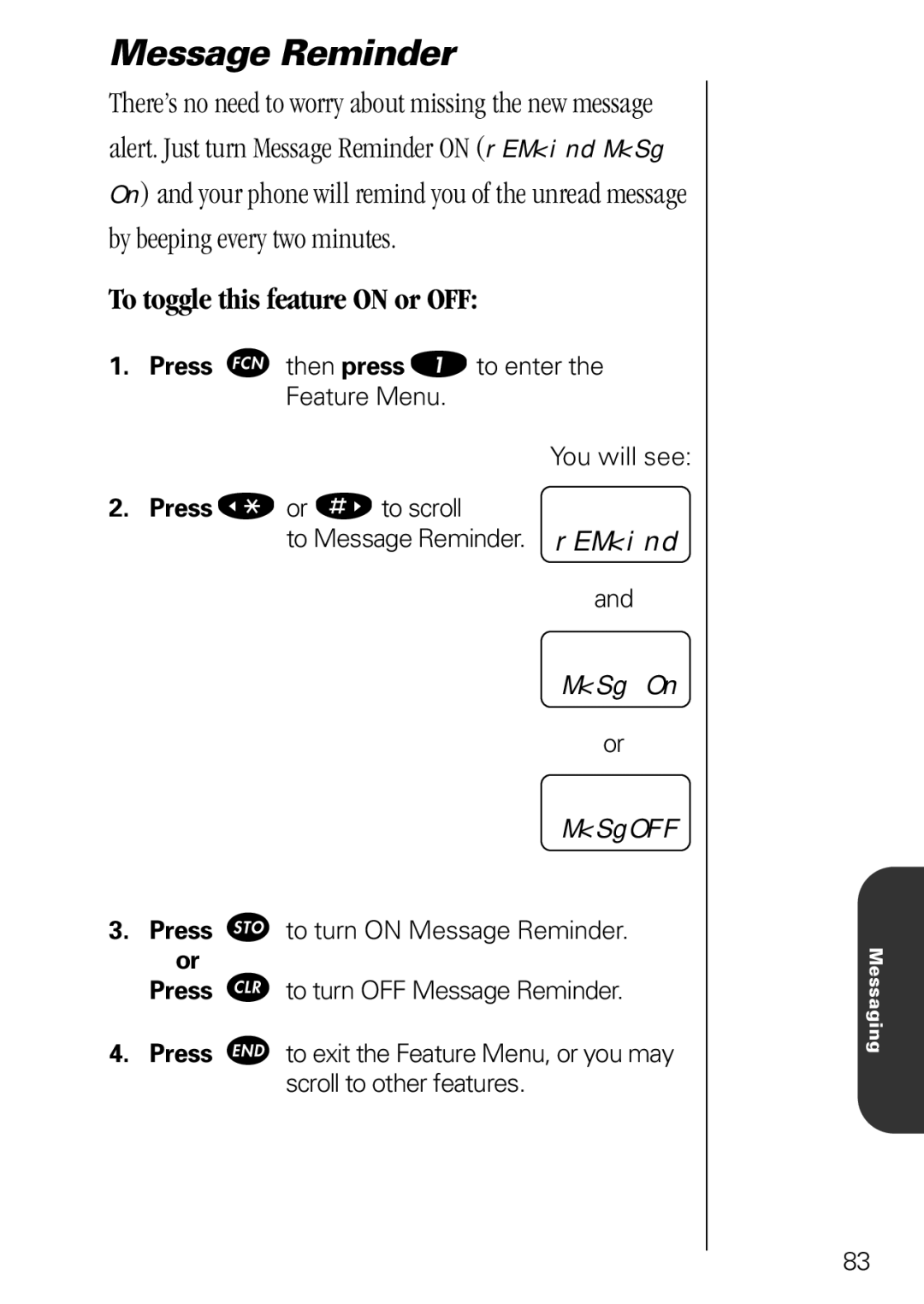 Motorola 3000 specifications Message Reminder, MSg On MSgOFF 