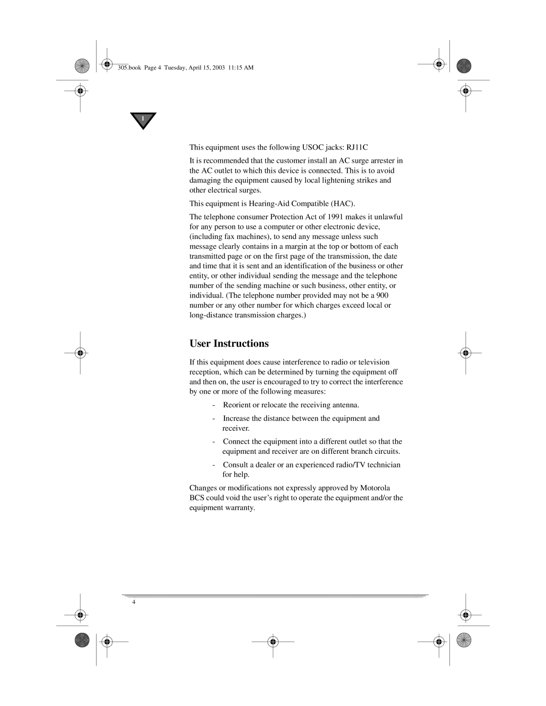 Motorola 305 manual User Instructions 