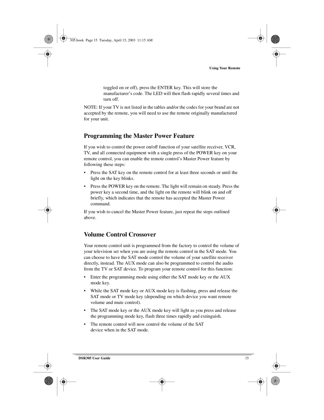 Motorola 305 manual Programming the Master Power Feature, Volume Control Crossover 