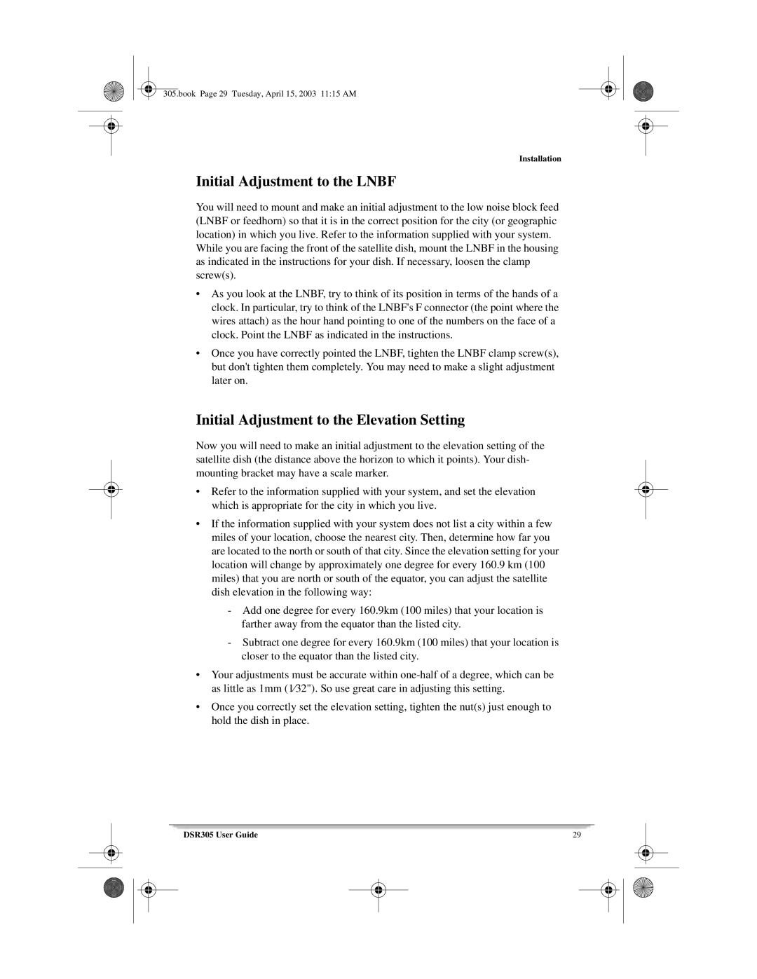 Motorola 305 manual Initial Adjustment to the Lnbf, Initial Adjustment to the Elevation Setting 