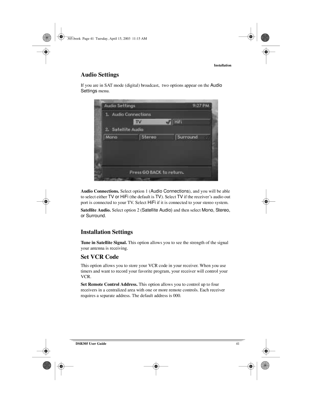 Motorola 305 manual Audio Settings, Installation Settings, Set VCR Code 