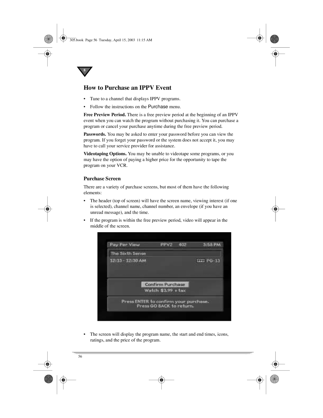 Motorola 305 manual How to Purchase an Ippv Event, Purchase Screen 