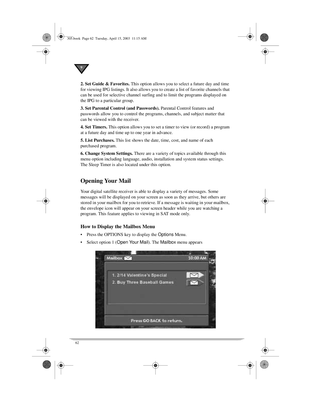 Motorola 305 manual Opening Your Mail, How to Display the Mailbox Menu 