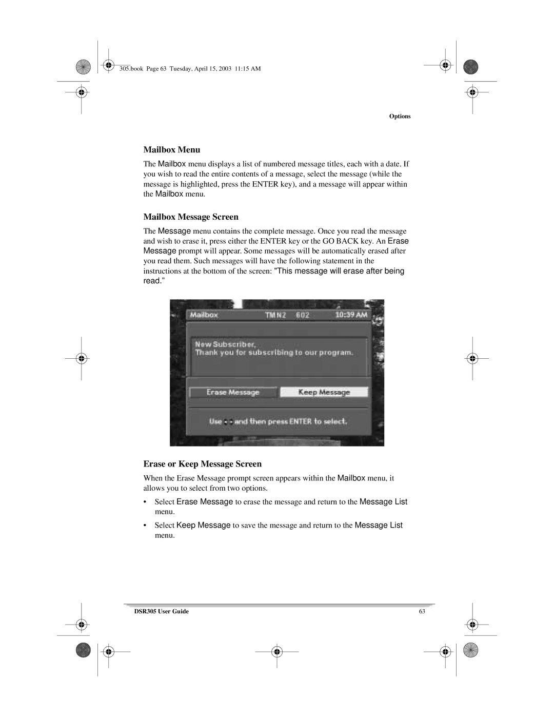 Motorola 305 manual Mailbox Menu, Mailbox Message Screen, Erase or Keep Message Screen 