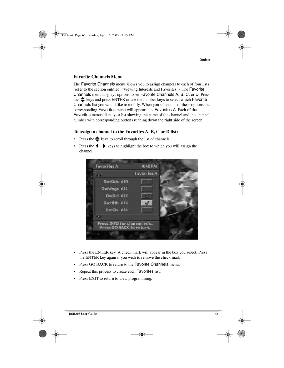 Motorola 305 manual Favorite Channels Menu, To assign a channel to the Favorites A, B, C or D list 