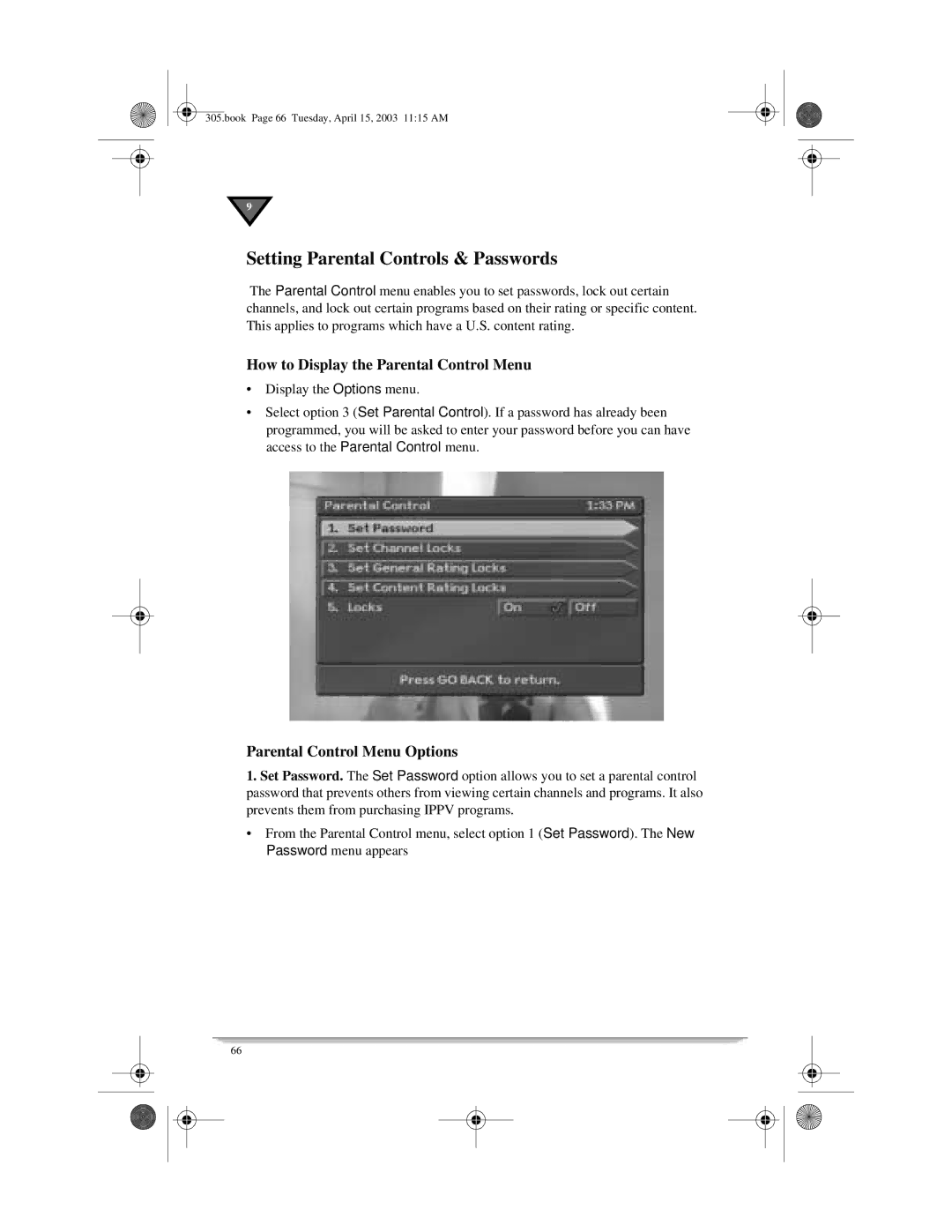 Motorola 305 manual Setting Parental Controls & Passwords, How to Display the Parental Control Menu 