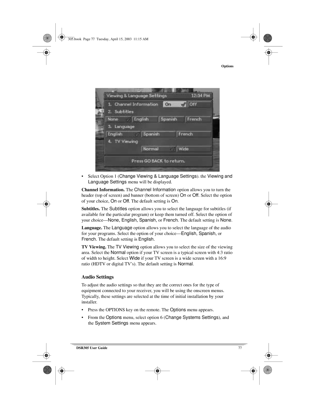 Motorola 305 manual Audio Settings 