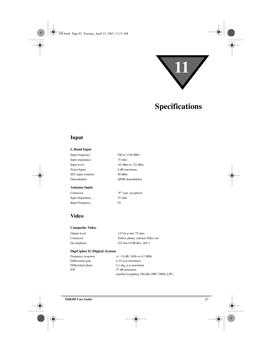 Motorola 305 manual Specifications, Input, Video 