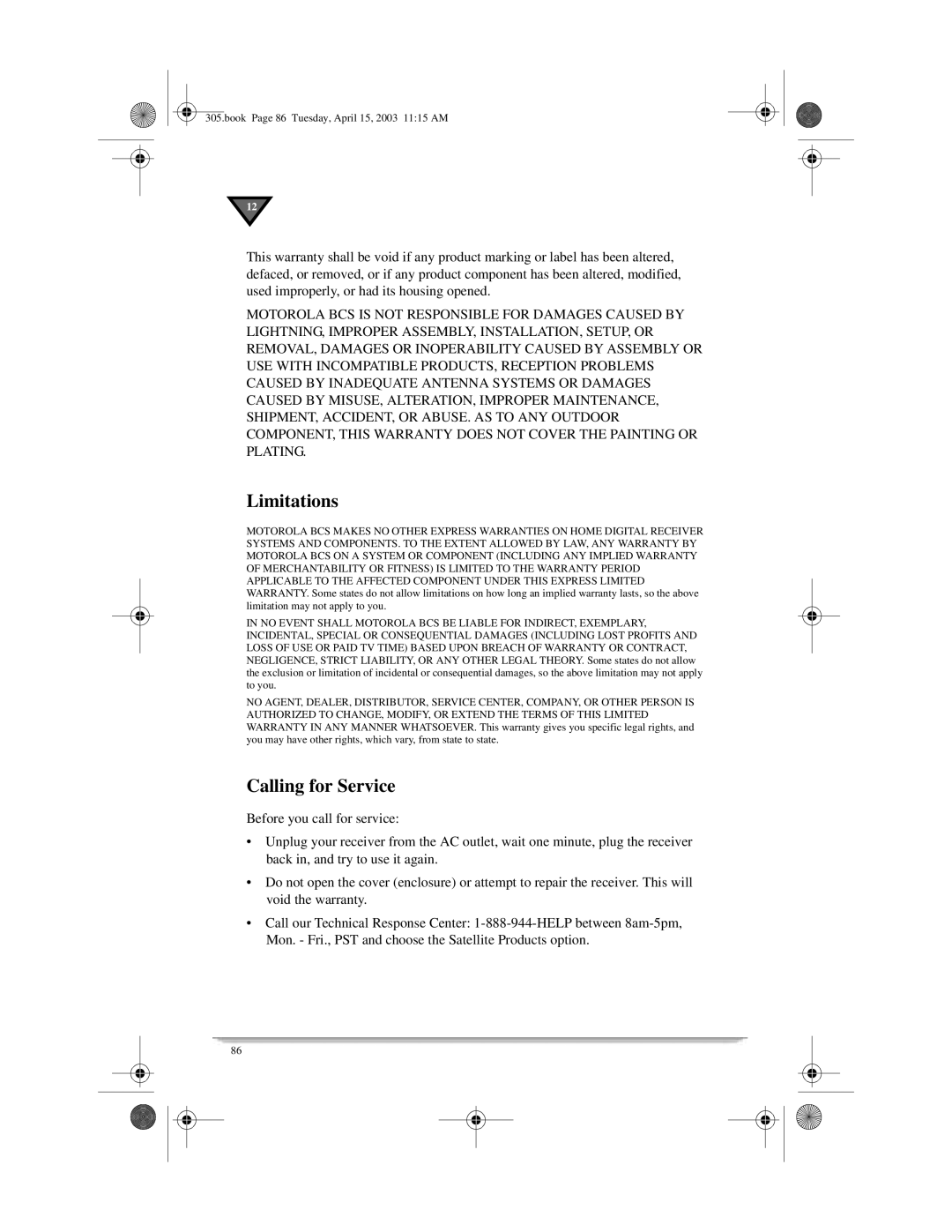 Motorola 305 manual Limitations, Calling for Service 