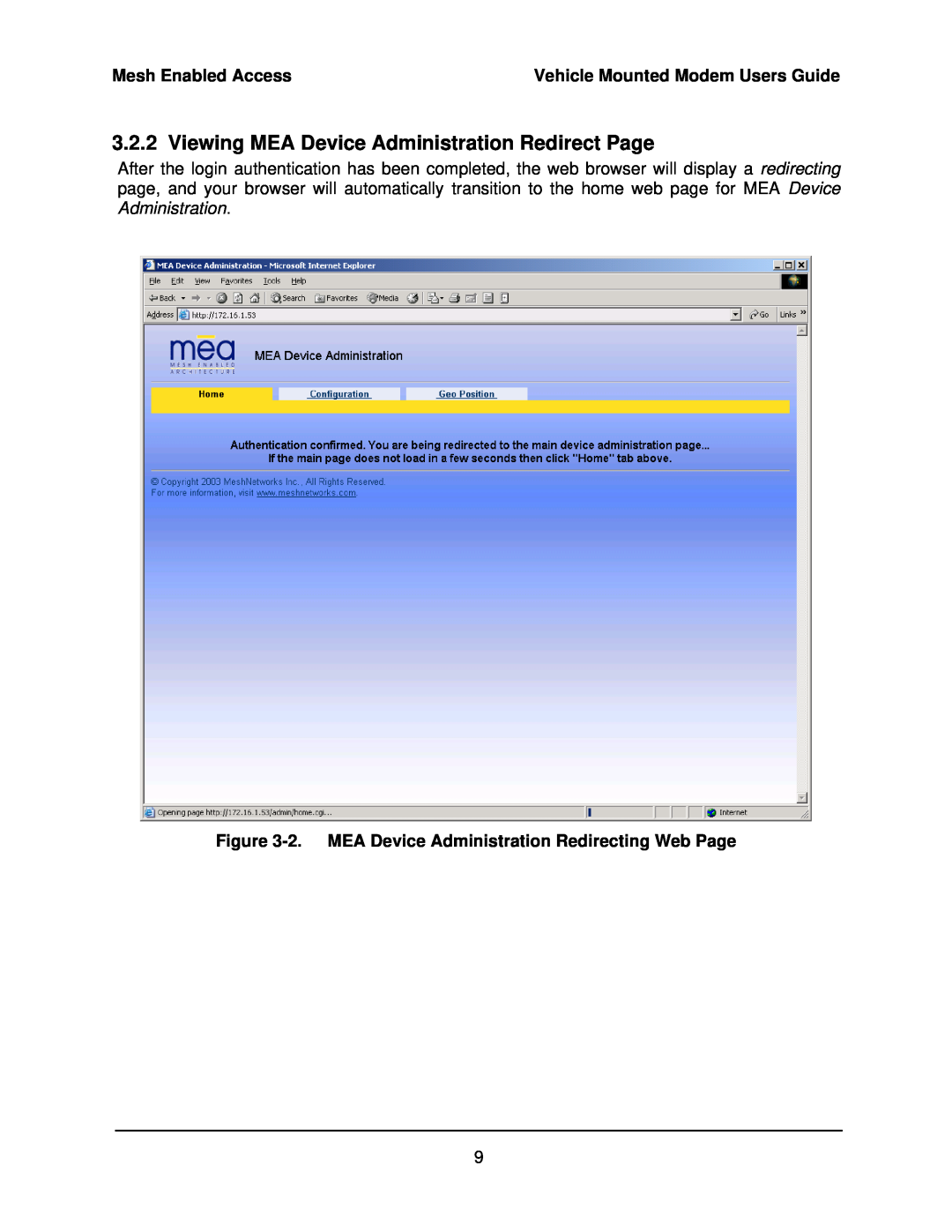 Motorola 3.1 manual Viewing MEA Device Administration Redirect Page, 2. MEA Device Administration Redirecting Web Page 