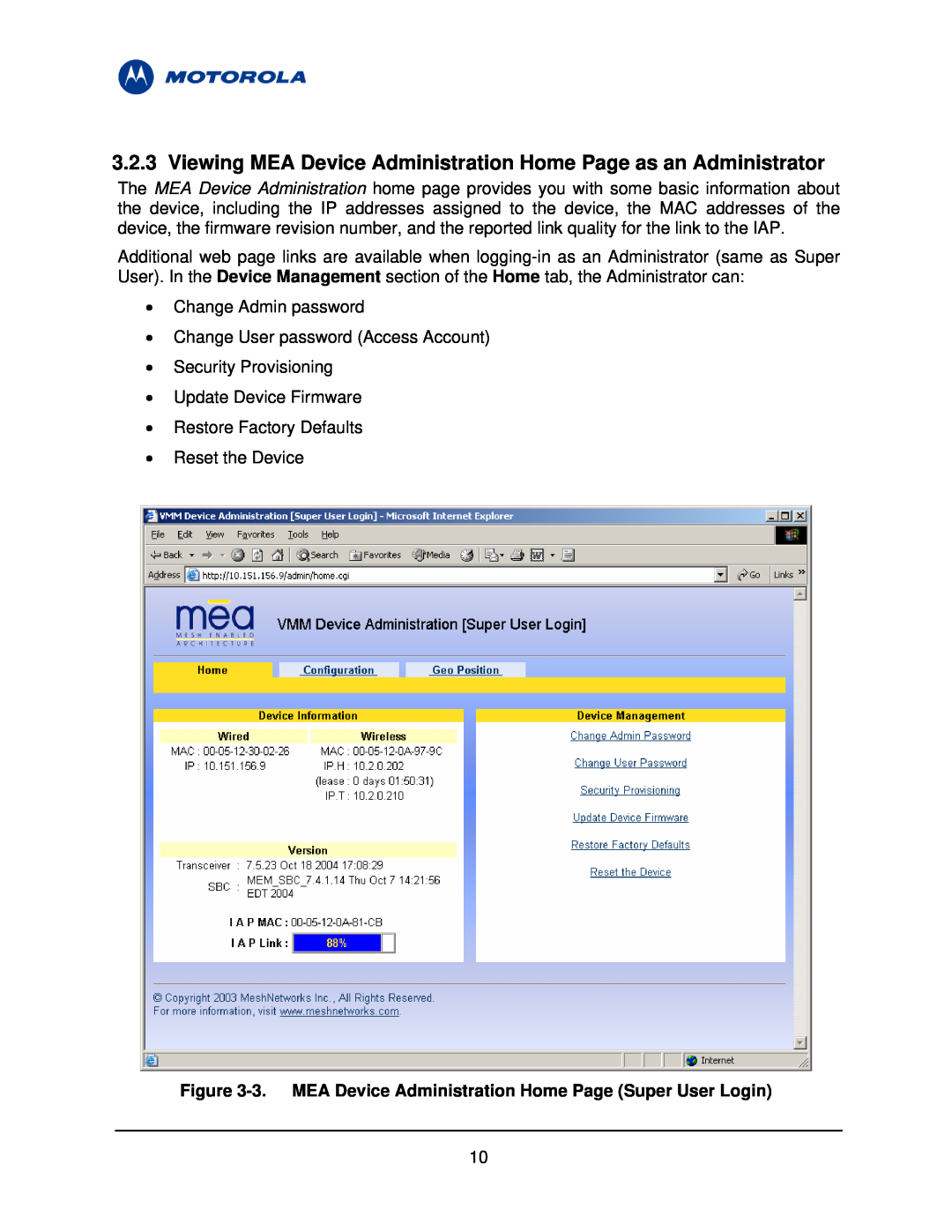 Motorola 3.1 manual Viewing MEA Device Administration Home Page as an Administrator 