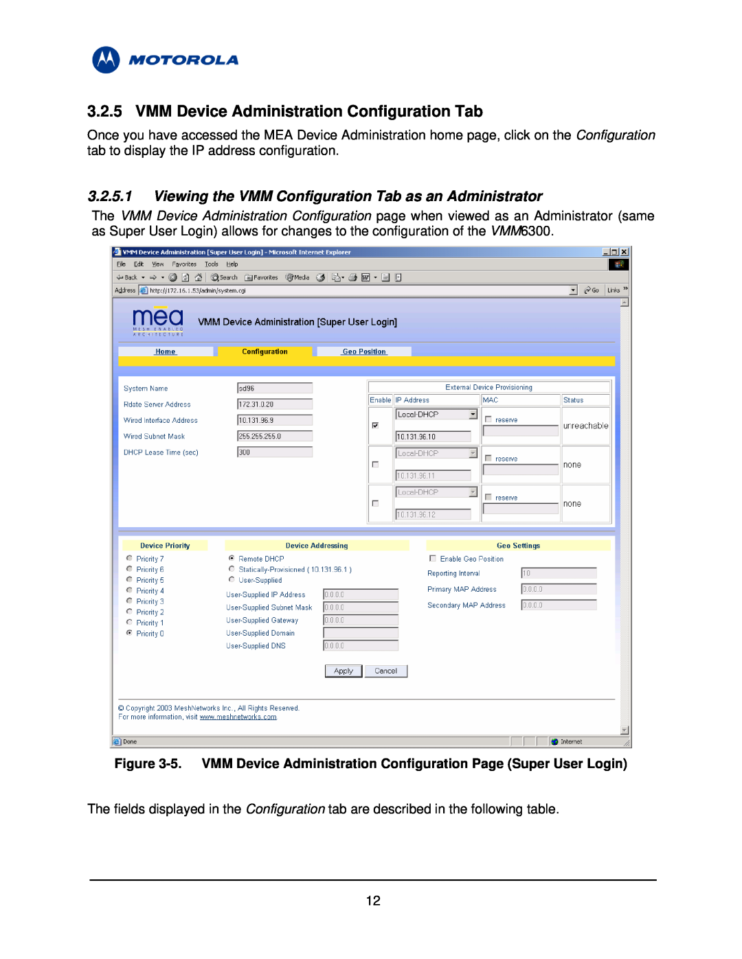 Motorola 3.1 manual VMM Device Administration Configuration Tab, Viewing the VMM Configuration Tab as an Administrator 