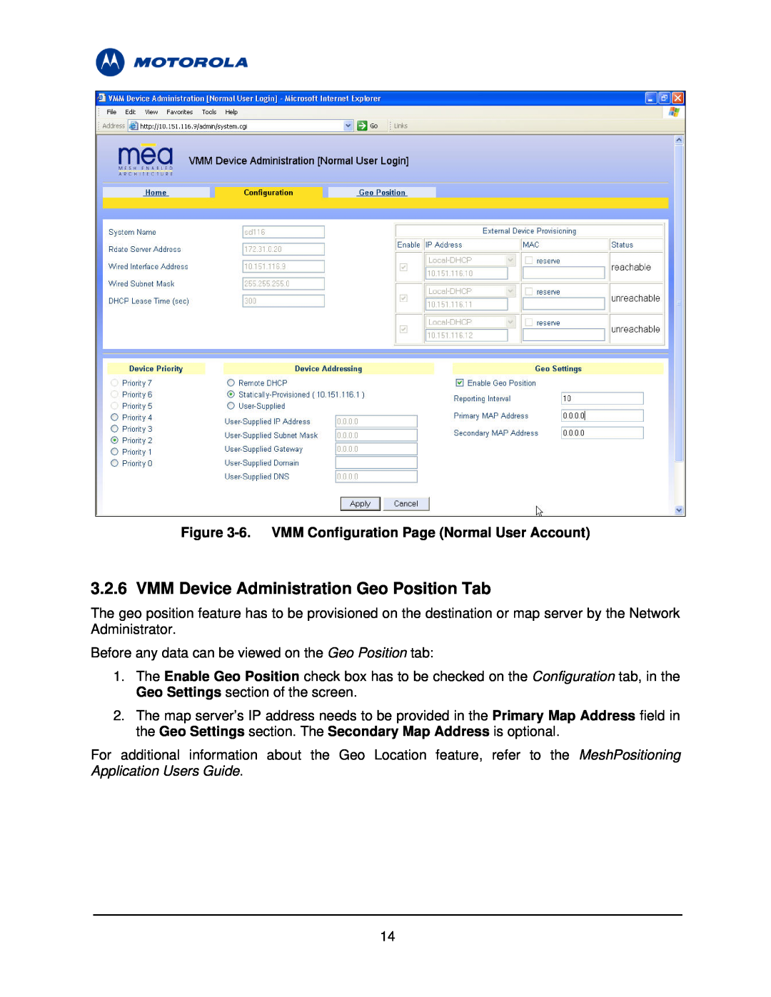 Motorola 3.1 manual VMM Device Administration Geo Position Tab, 6. VMM Configuration Page Normal User Account 