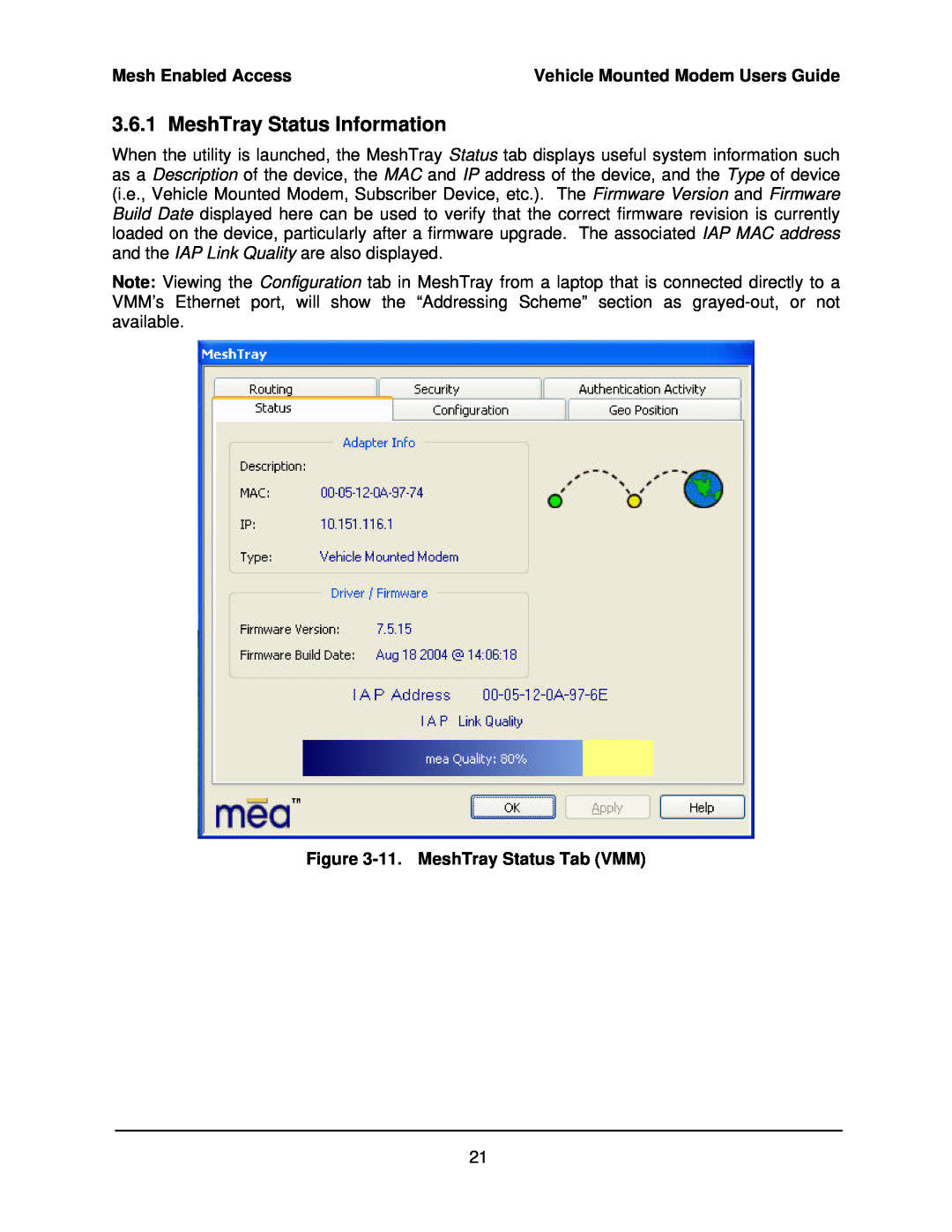 Motorola 3.1 manual MeshTray Status Information, 11. MeshTray Status Tab VMM, Mesh Enabled Access 