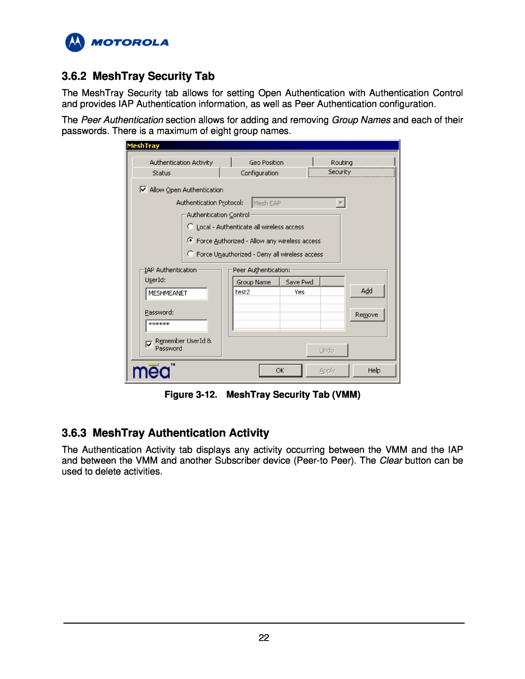 Motorola 3.1 manual MeshTray Authentication Activity, 12. MeshTray Security Tab VMM 