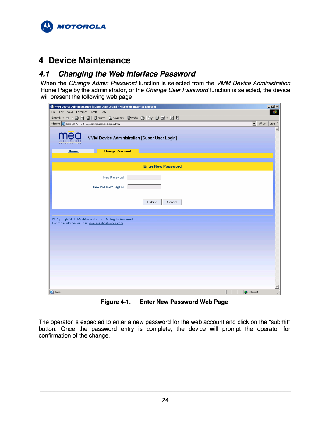 Motorola 3.1 manual Device Maintenance, Changing the Web Interface Password, 1. Enter New Password Web Page 