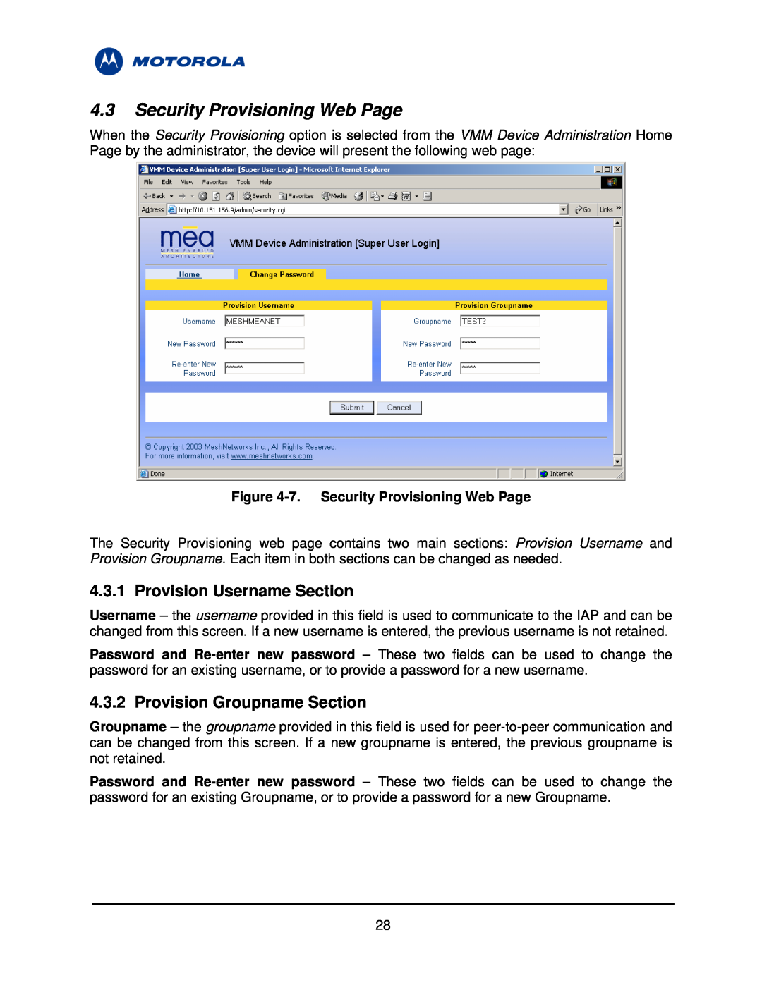 Motorola 3.1 manual Security Provisioning Web Page, Provision Username Section, Provision Groupname Section 
