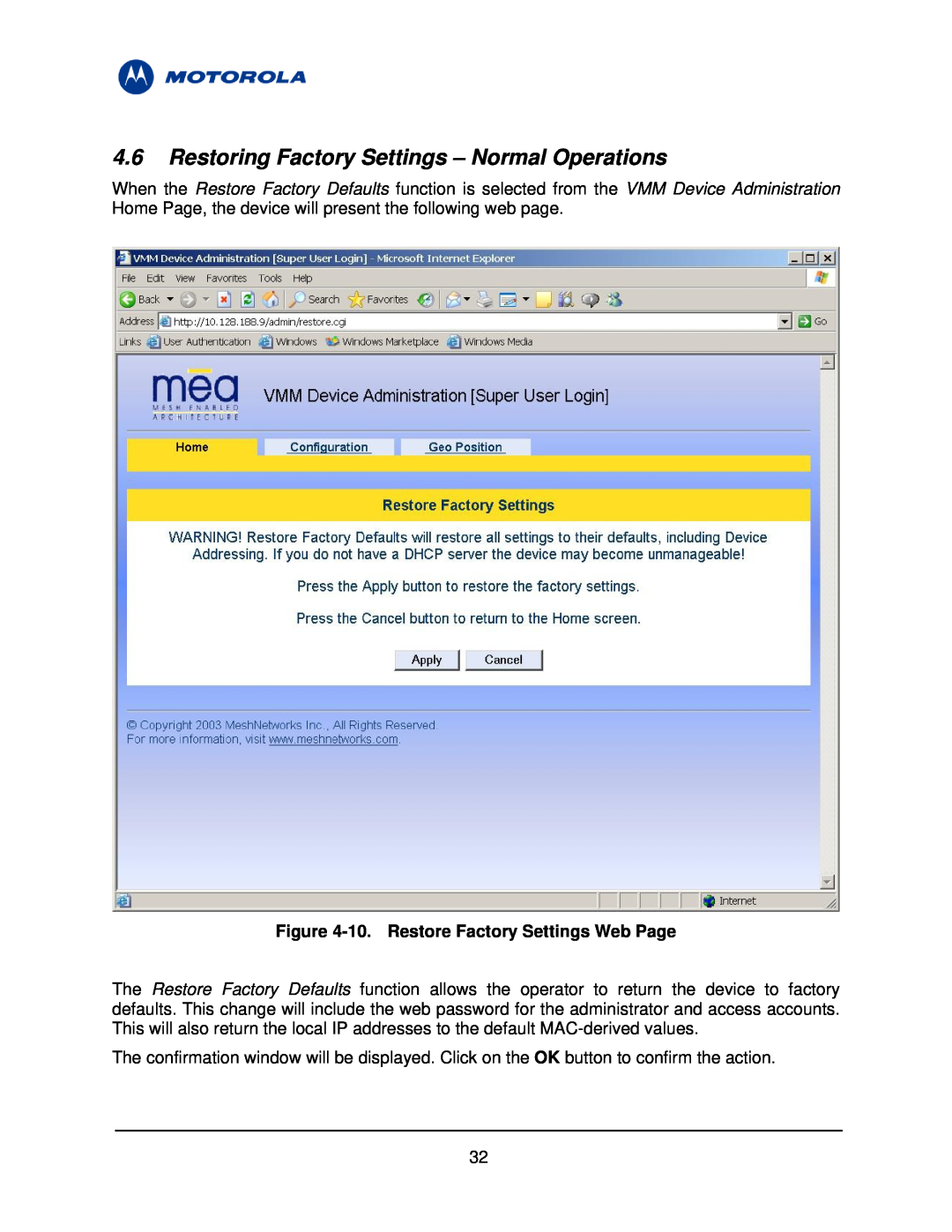 Motorola 3.1 manual Restoring Factory Settings - Normal Operations, 10. Restore Factory Settings Web Page 