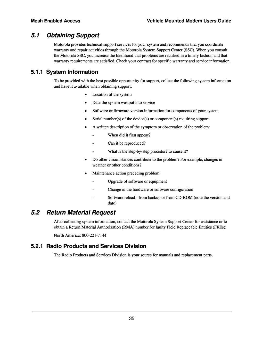 Motorola 3.1 manual Obtaining Support, Return Material Request, System Information, Radio Products and Services Division 