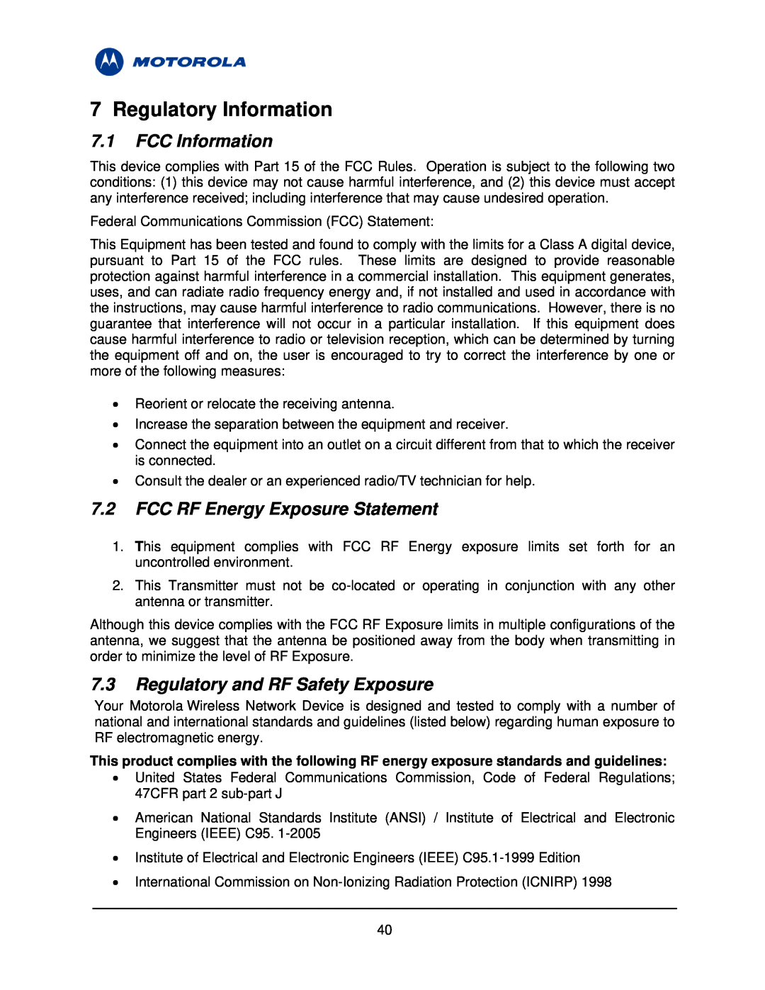 Motorola 3.1 Regulatory Information, FCC Information, FCC RF Energy Exposure Statement, Regulatory and RF Safety Exposure 