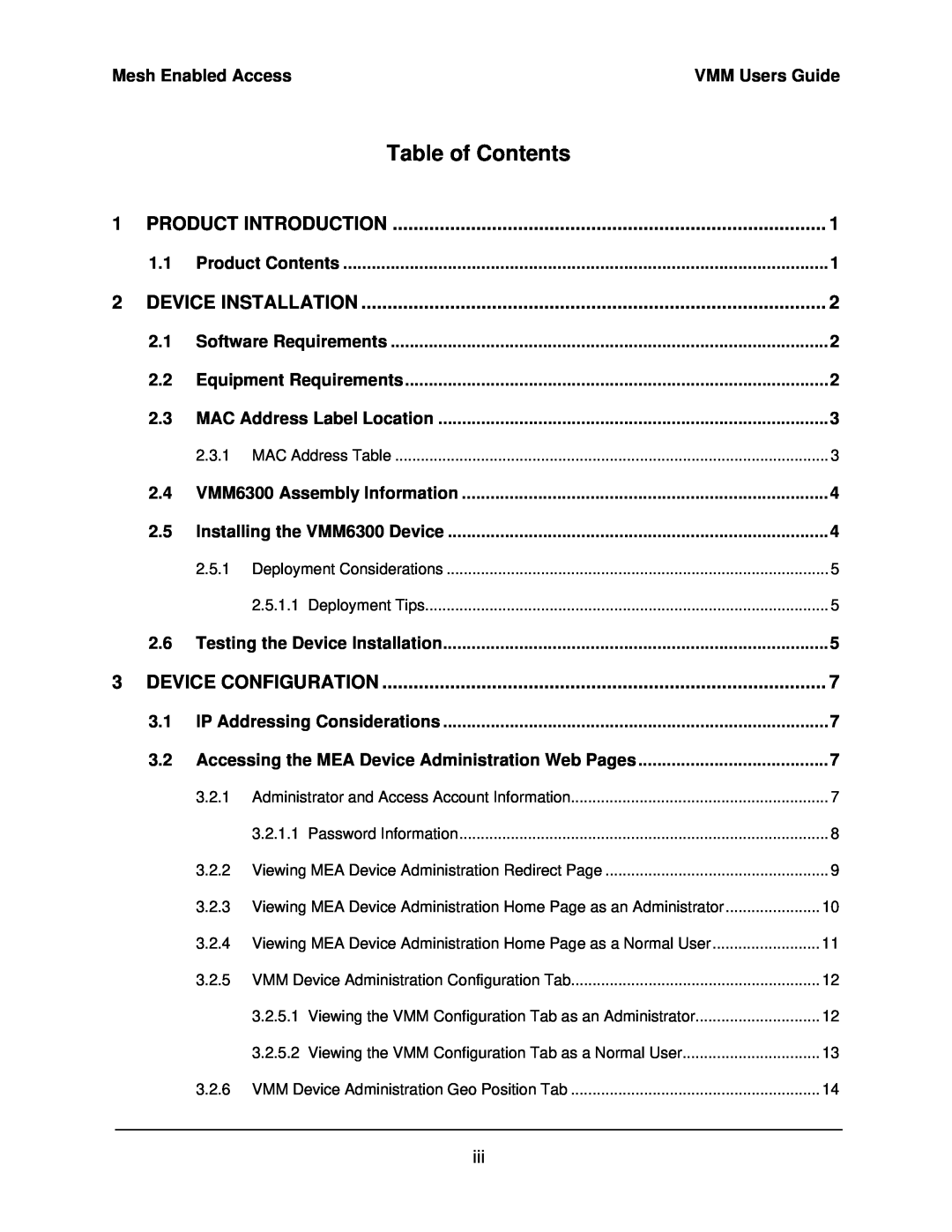 Motorola 3.1 Table of Contents, Product Introduction, Device Installation, Device Configuration, Equipment Requirements 