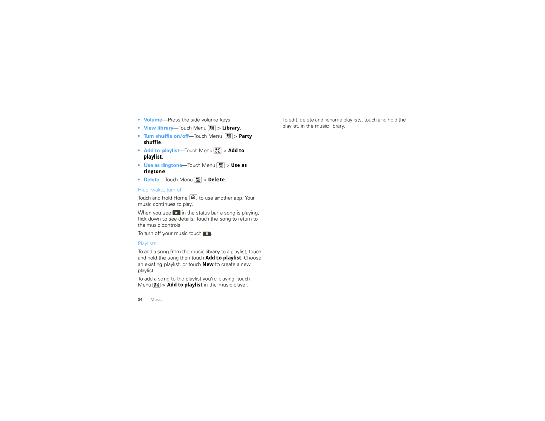 Motorola 3152359 manual Delete-Touch Menu Delete, Hide, wake, turn off, Playlists 