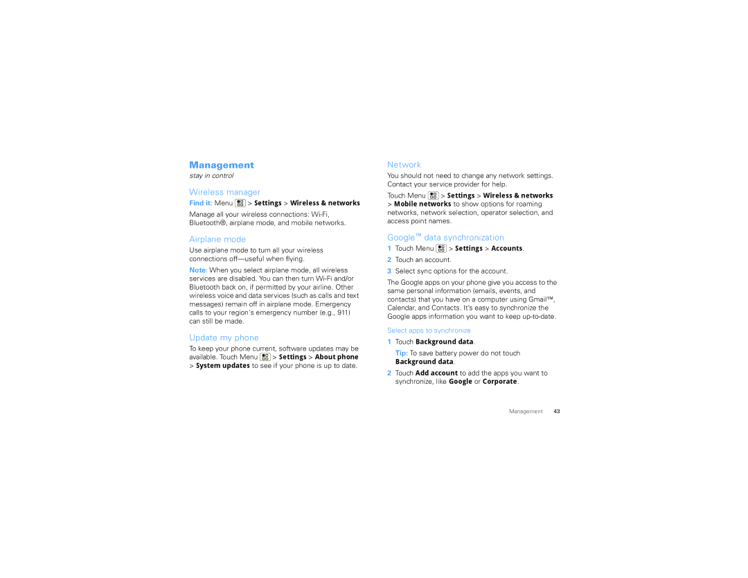 Motorola 3152359 manual Management, Wireless manager, Airplane mode, Network, Google data synchronization 