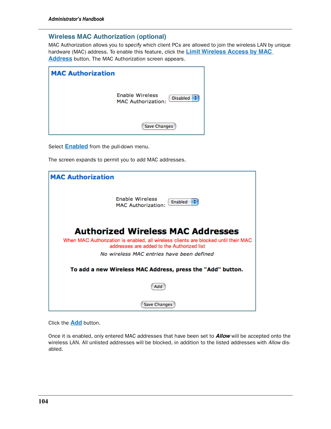 Motorola 3397GP manual Wireless MAC Authorization optional, 104 