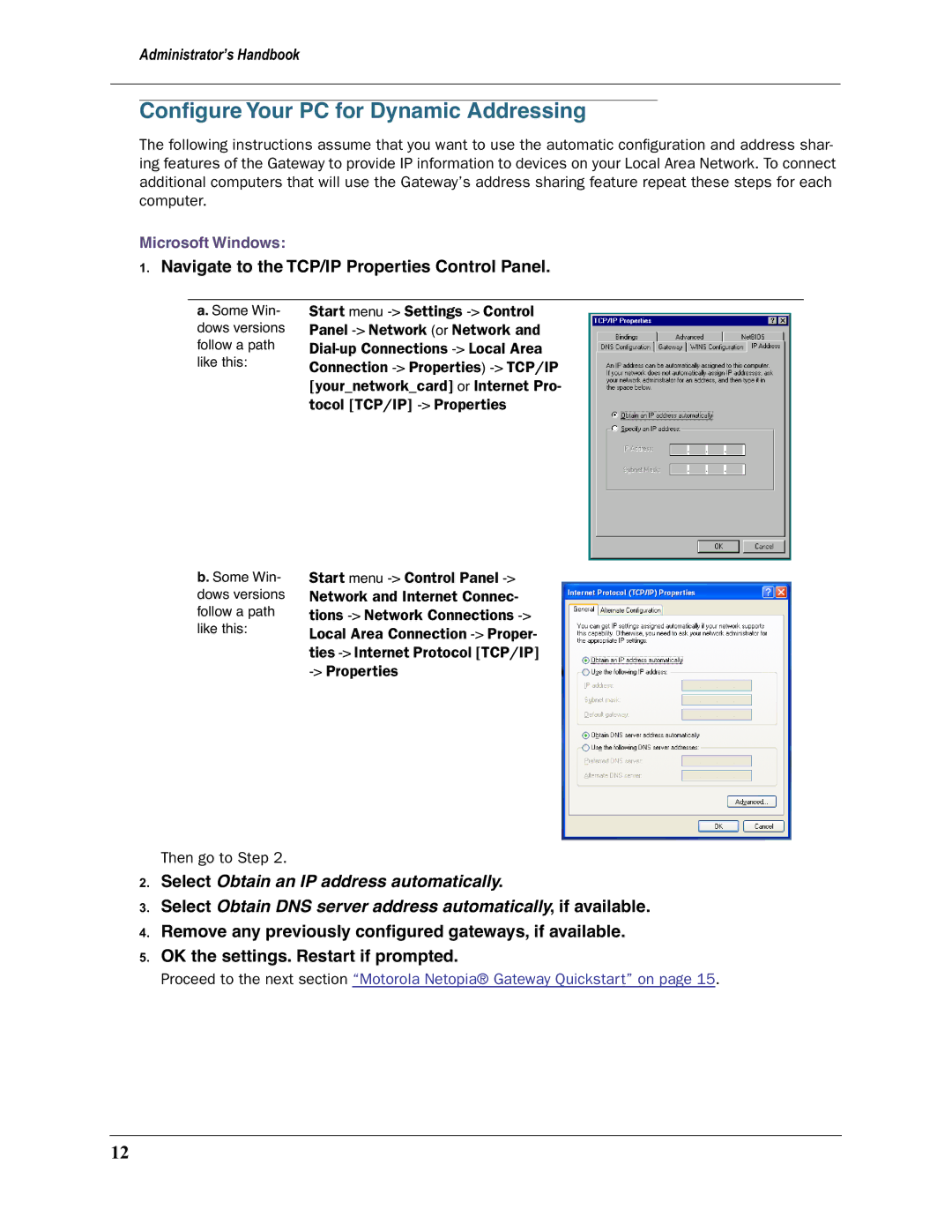 Motorola 3397GP manual Conﬁgure Your PC for Dynamic Addressing, Microsoft Windows 