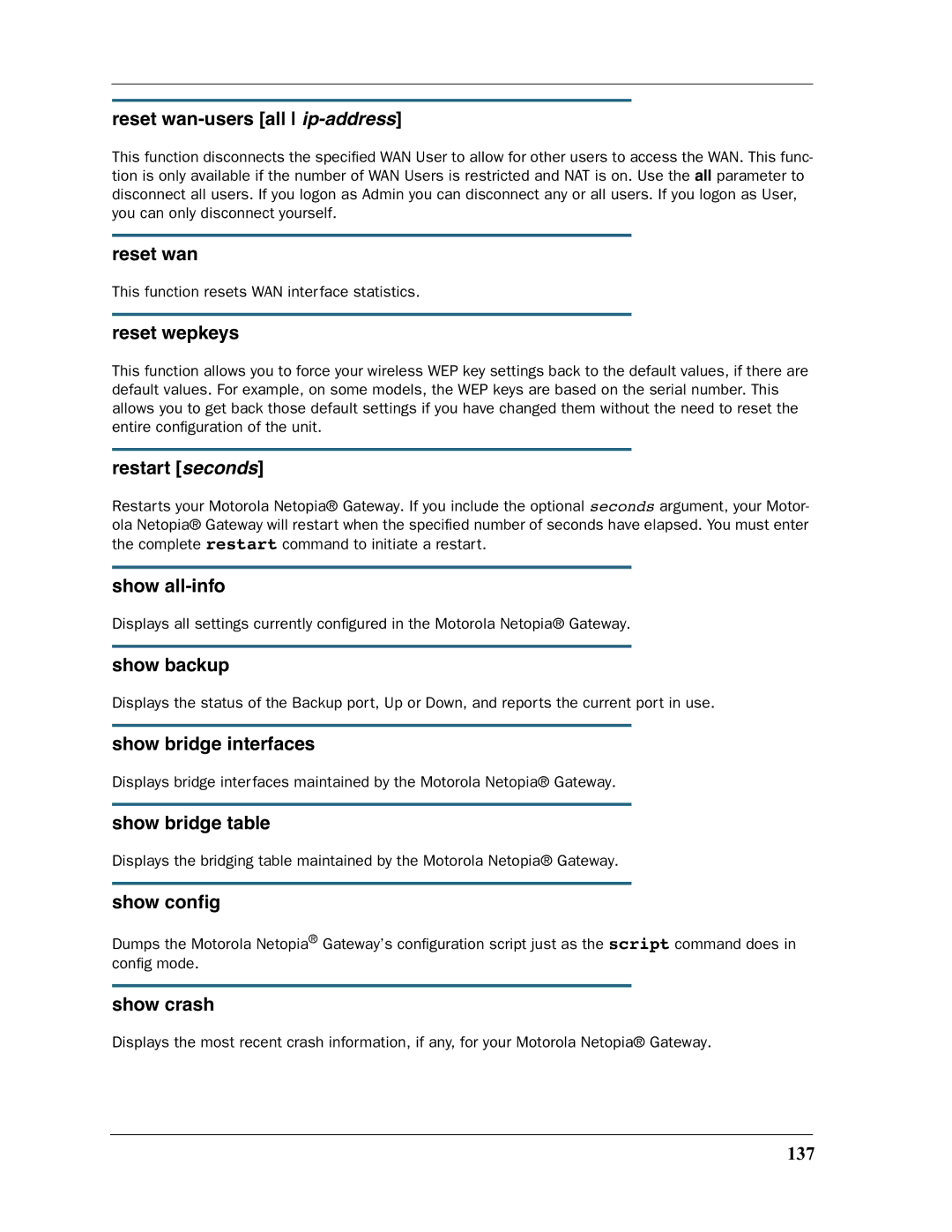 Motorola 3397GP Reset wan-users all ip-address, Reset wepkeys, Restart seconds, Show all-info, Show backup, Show conﬁg 