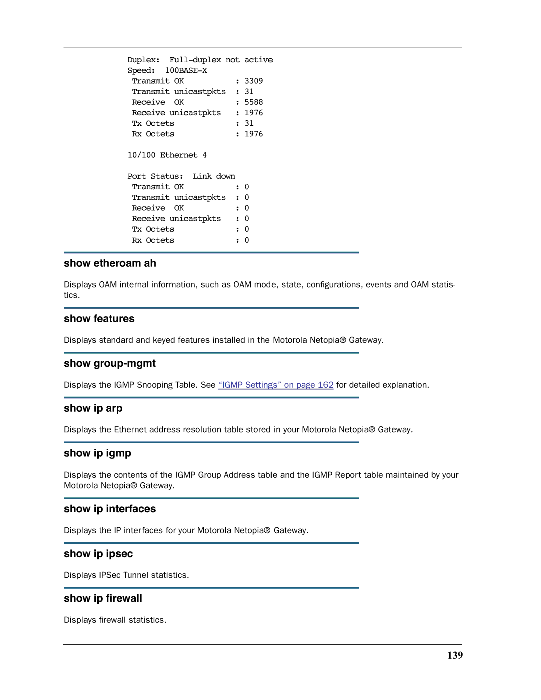 Motorola 3397GP manual Show etheroam ah, Show features, Show group-mgmt, Show ip arp, Show ip igmp, Show ip interfaces 