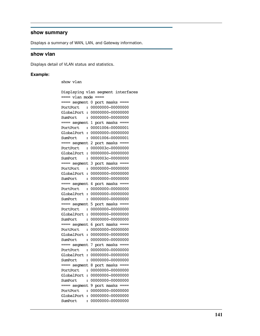 Motorola 3397GP manual Show summary, Show vlan, 141 