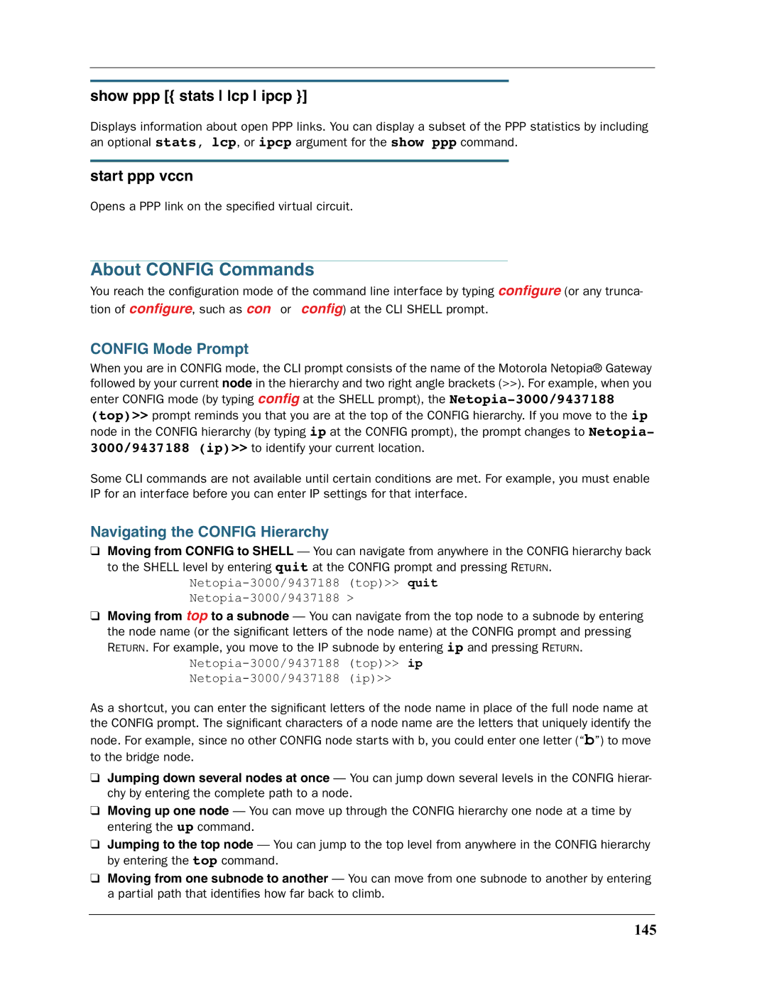 Motorola 3397GP manual About Config Commands, Show ppp stats lcp ipcp, Start ppp vccn, Config Mode Prompt 