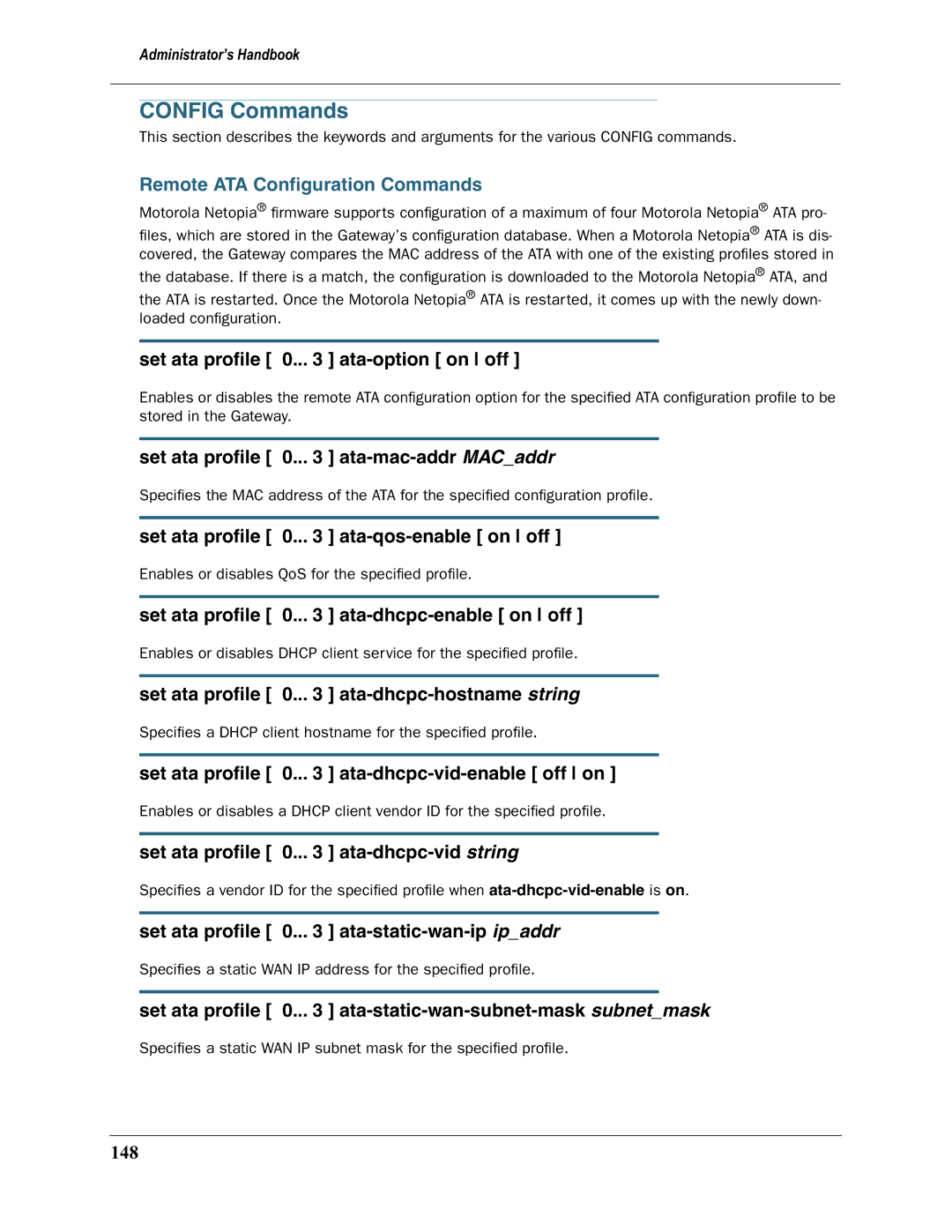 Motorola 3397GP manual Config Commands, Remote ATA Conﬁguration Commands 