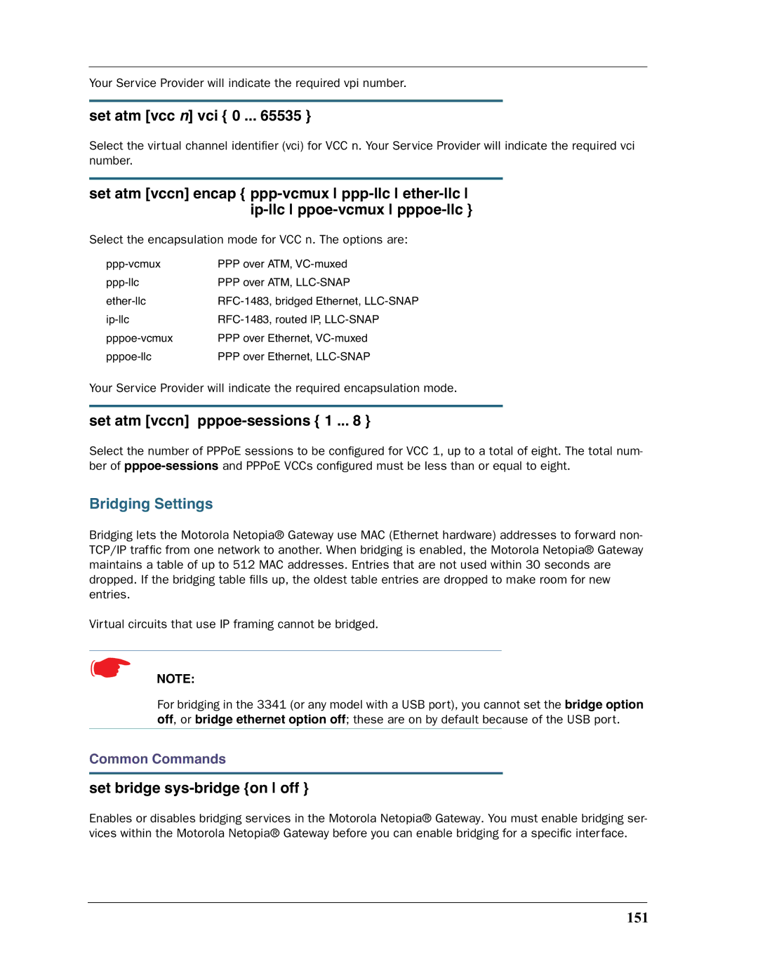 Motorola 3397GP Set atm vcc n vci 0, Set atm vccn pppoe-sessions 1, Bridging Settings, Set bridge sys-bridge on off, 151 