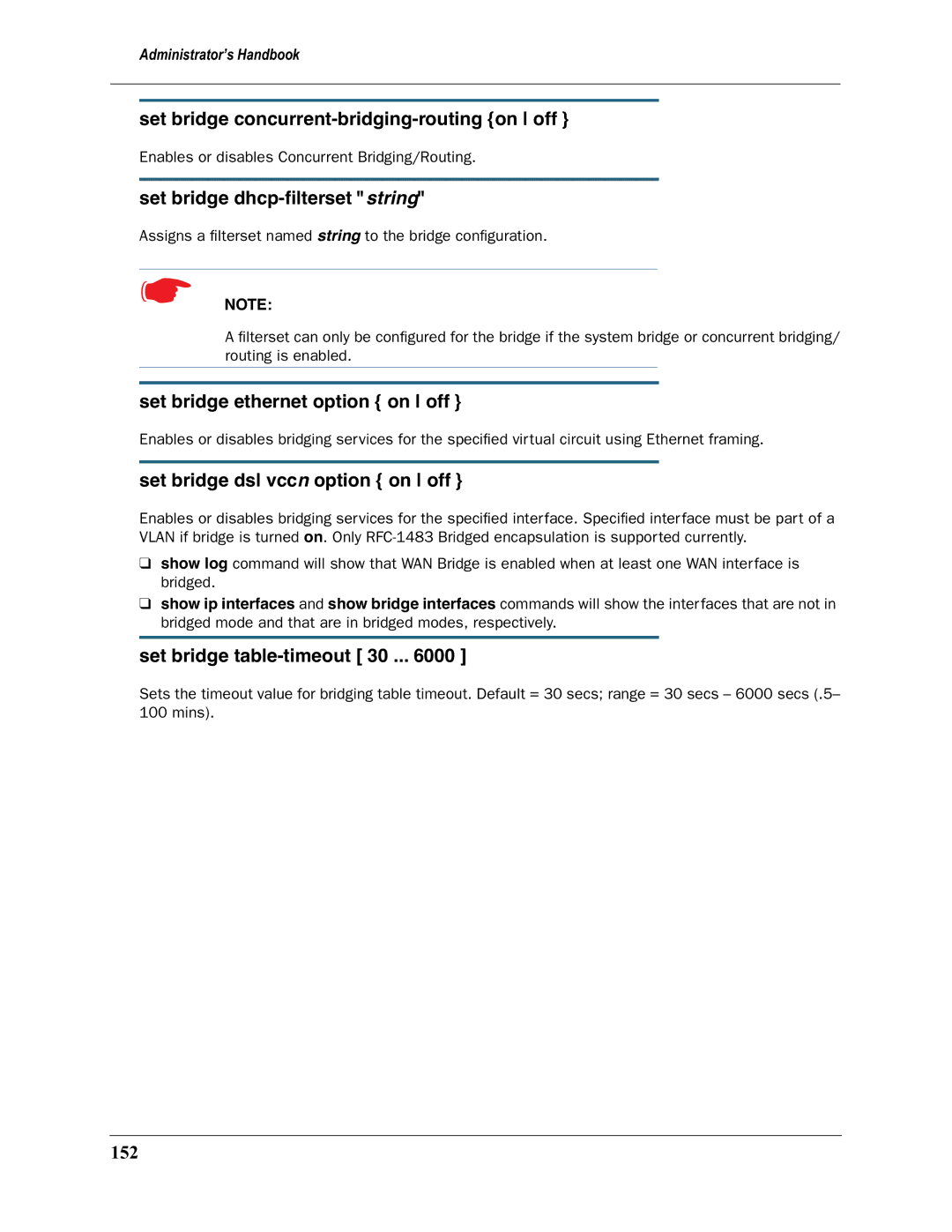 Motorola 3397GP manual Set bridge concurrent-bridging-routing on off, Set bridge dhcp-ﬁlterset string 