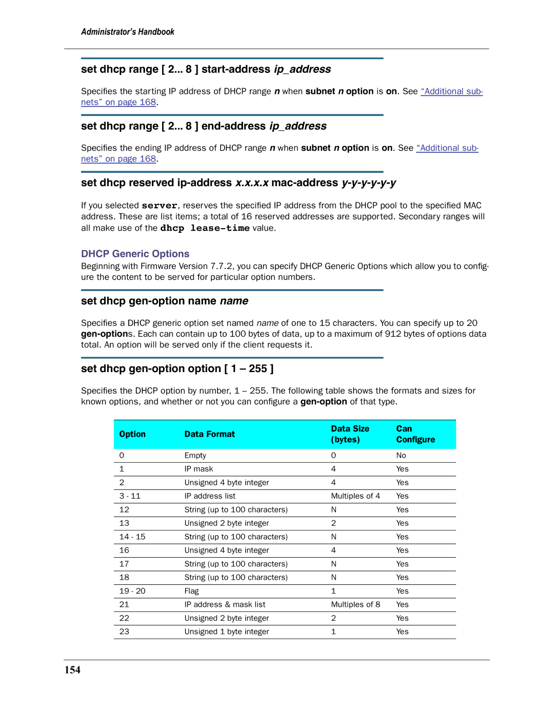 Motorola 3397GP manual Set dhcp range 2.. start-address ipaddress, Set dhcp range 2.. end-address ipaddress, 154 