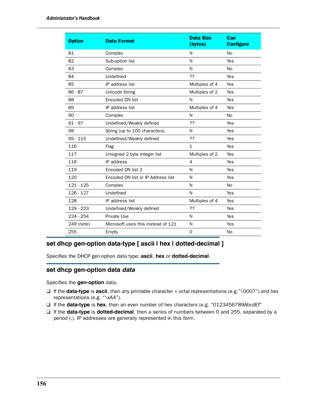 Motorola 3397GP manual Set dhcp gen-option data-type ascii hex dotted-decimal, Set dhcp gen-option data data, 156 