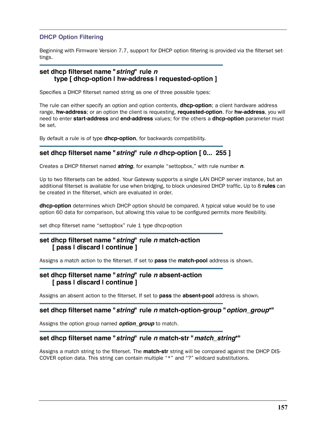 Motorola 3397GP manual Set dhcp ﬁlterset name string rule n dhcp-option 0, 157 