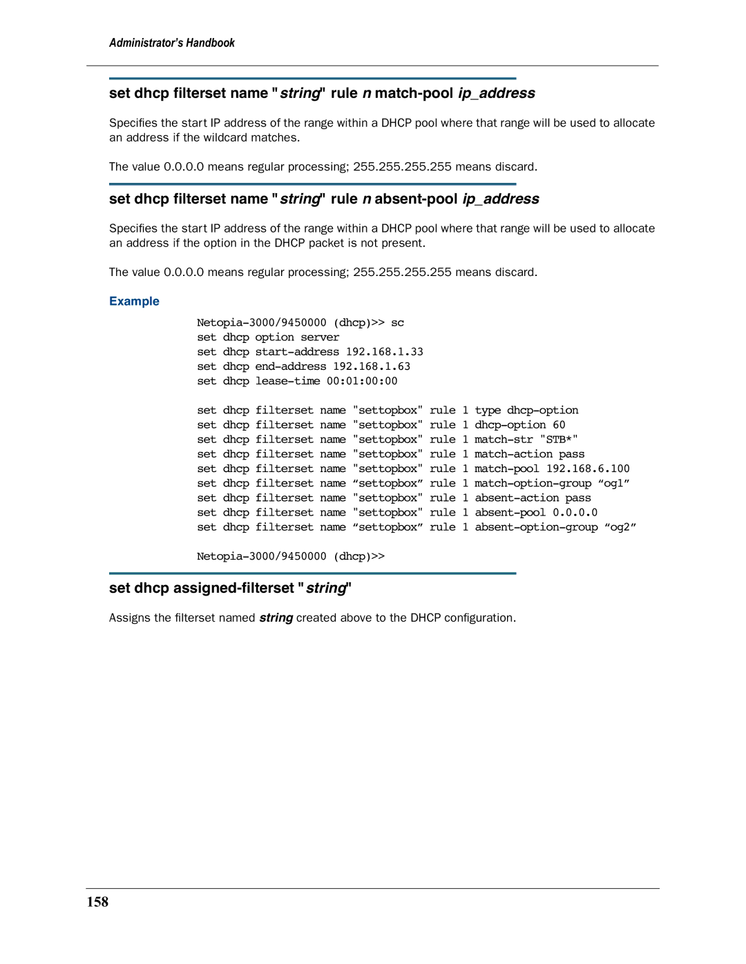 Motorola 3397GP manual Set dhcp ﬁlterset name string rule n match-pool ipaddress, Set dhcp assigned-ﬁlterset string, 158 