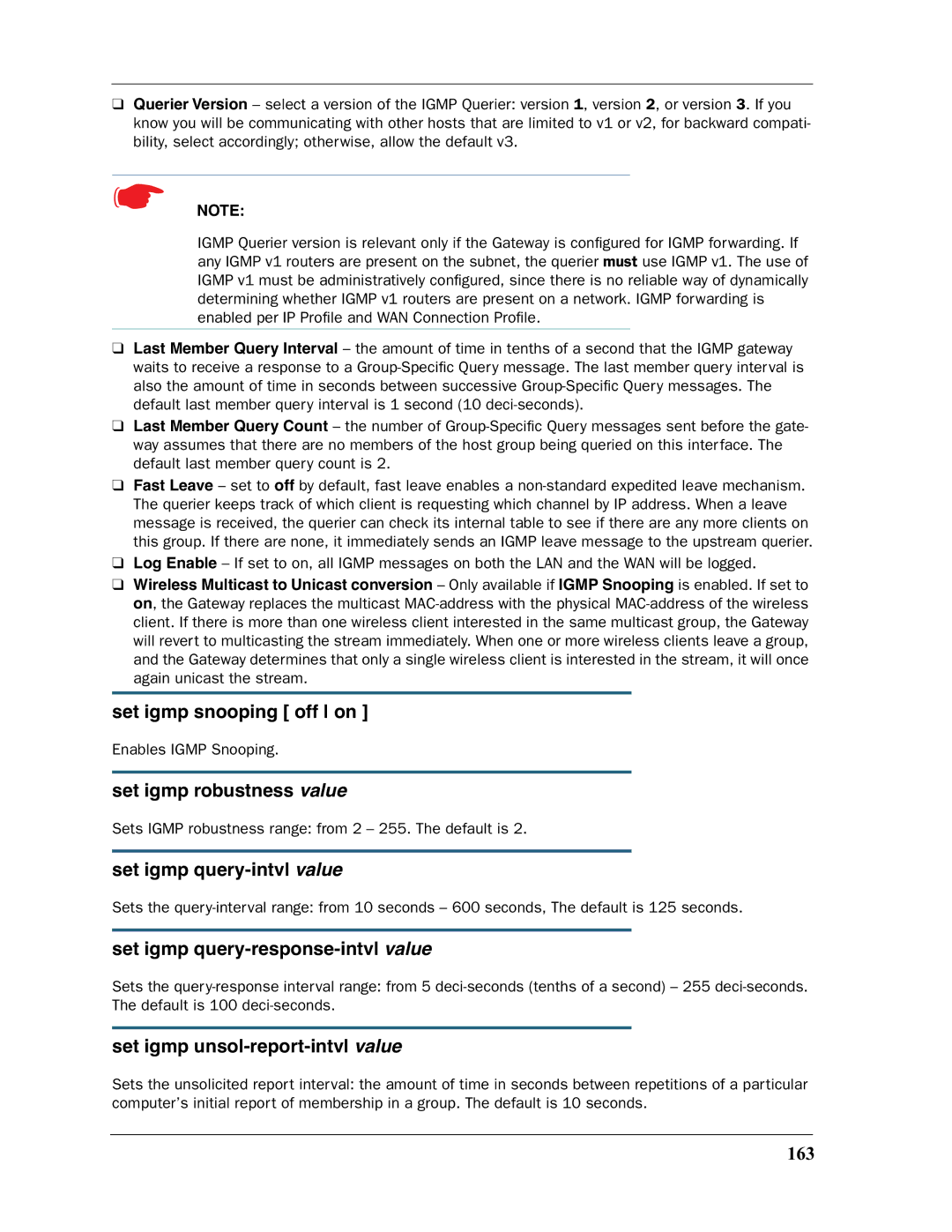 Motorola 3397GP manual Set igmp snooping off on, Set igmp robustness value, Set igmp query-intvl value 