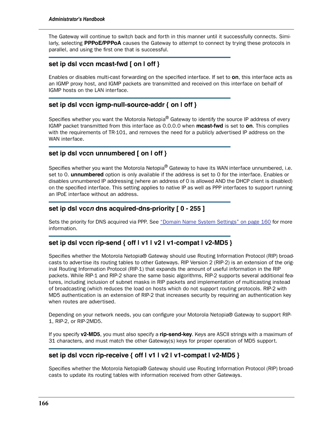 Motorola 3397GP manual Set ip dsl vccn mcast-fwd on off, Set ip dsl vccn igmp-null-source-addr on off 